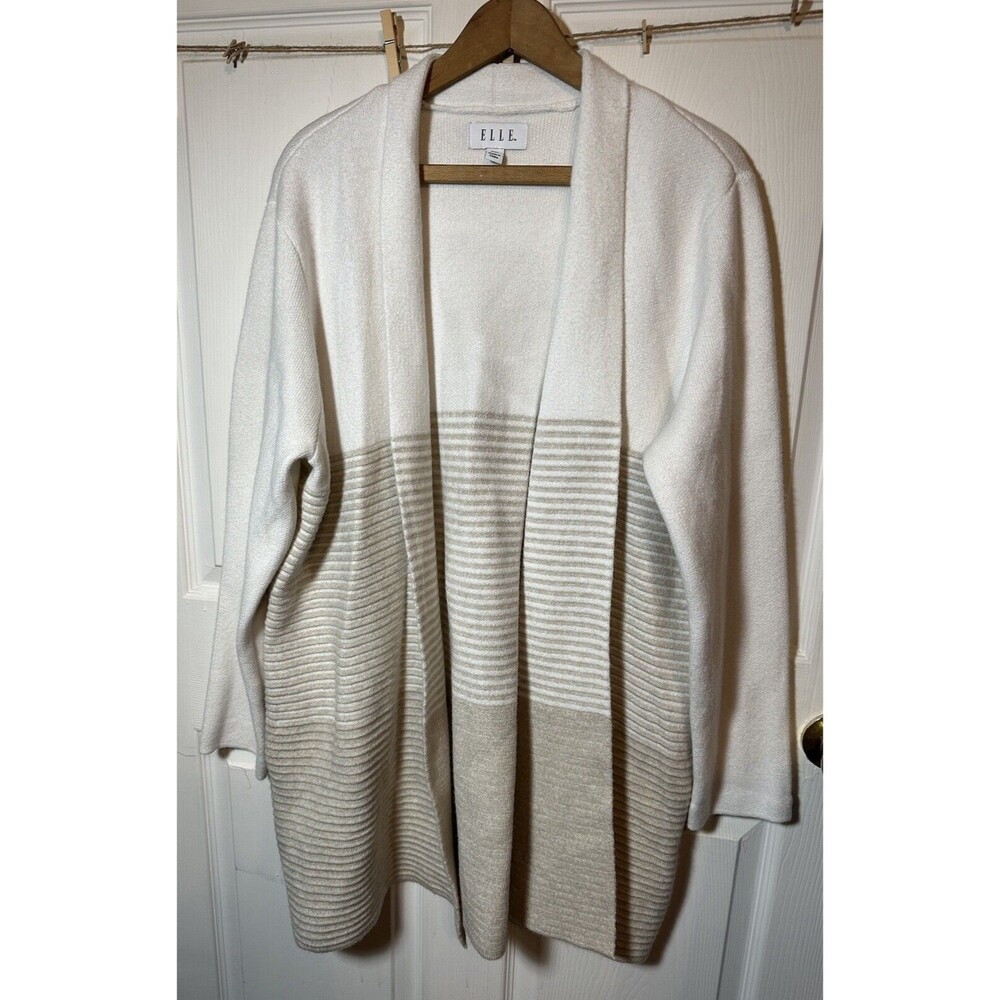 Elle Open Front Cardigan Women’s 2X Cream Midi Sweater Tight Weave Faux Wool